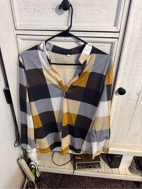 Plaid V-Neck Blouse in Mustard, Gray & Black